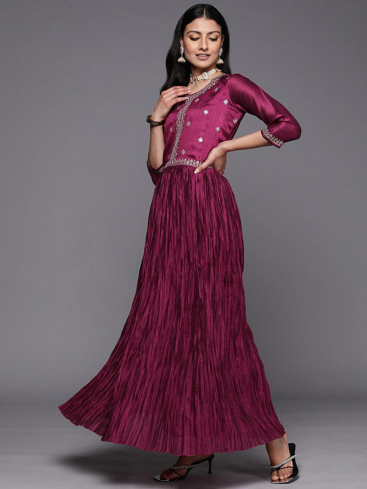 Fuchsia Embroidered Silk Blend Anarkali Suit Set With Trousers - ShopLibas