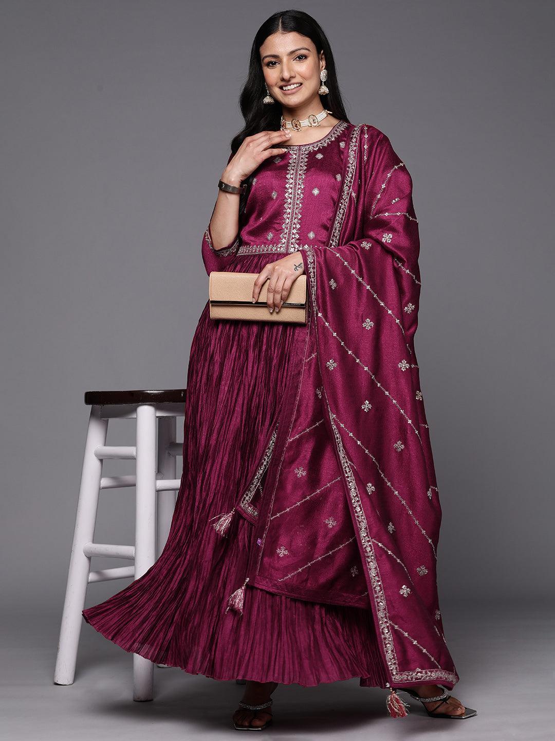 Fuchsia Embroidered Silk Blend Anarkali Suit Set With Trousers - ShopLibas