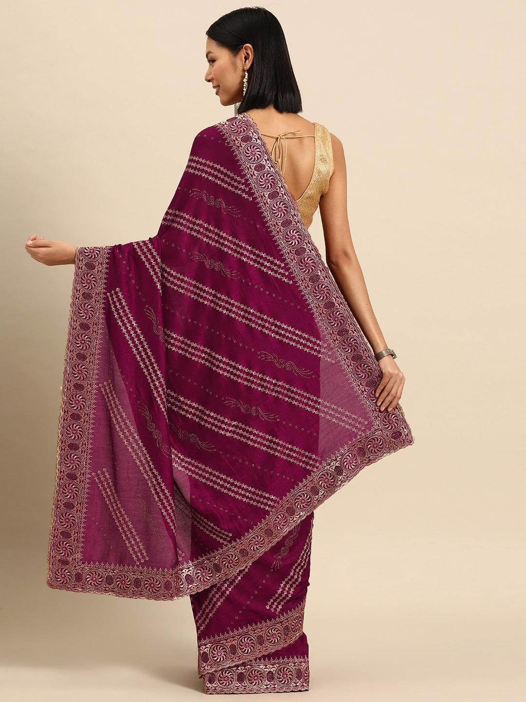 Fuchsia Embroidered Silk Blend Saree