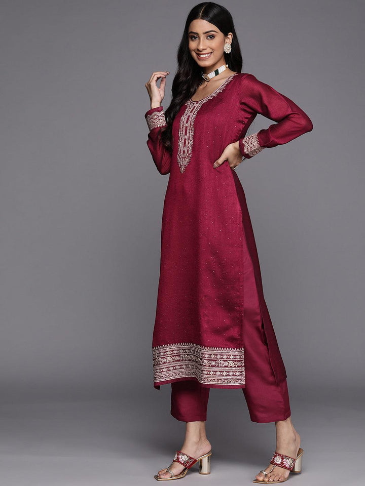 Fuchsia Embroidered Silk Blend Straight Suit Set - ShopLibas