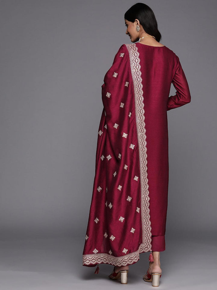 Fuchsia Embroidered Silk Blend Straight Suit Set - ShopLibas