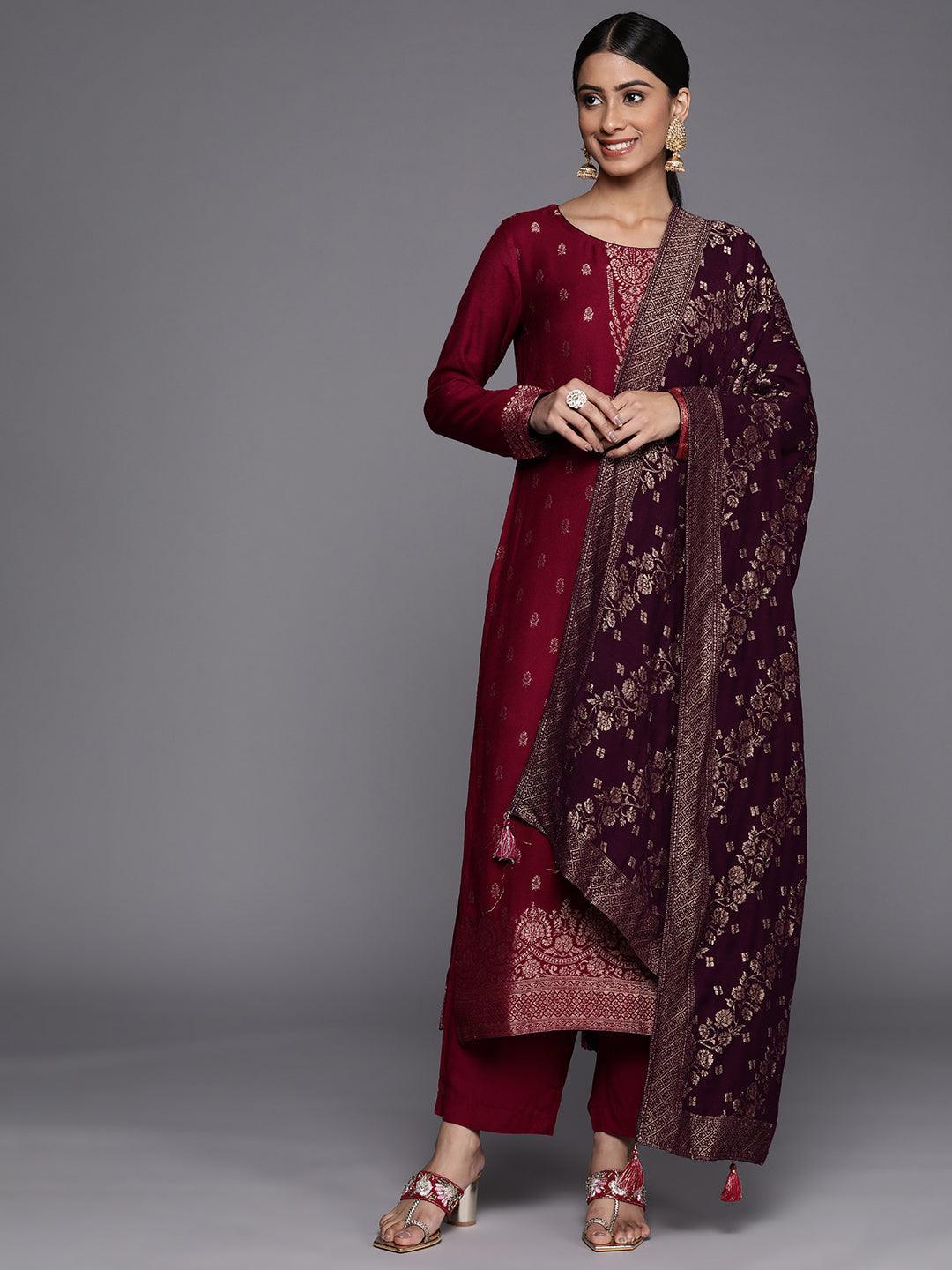 Fuchsia Self Design Pashmina Wool Straight Suit Set