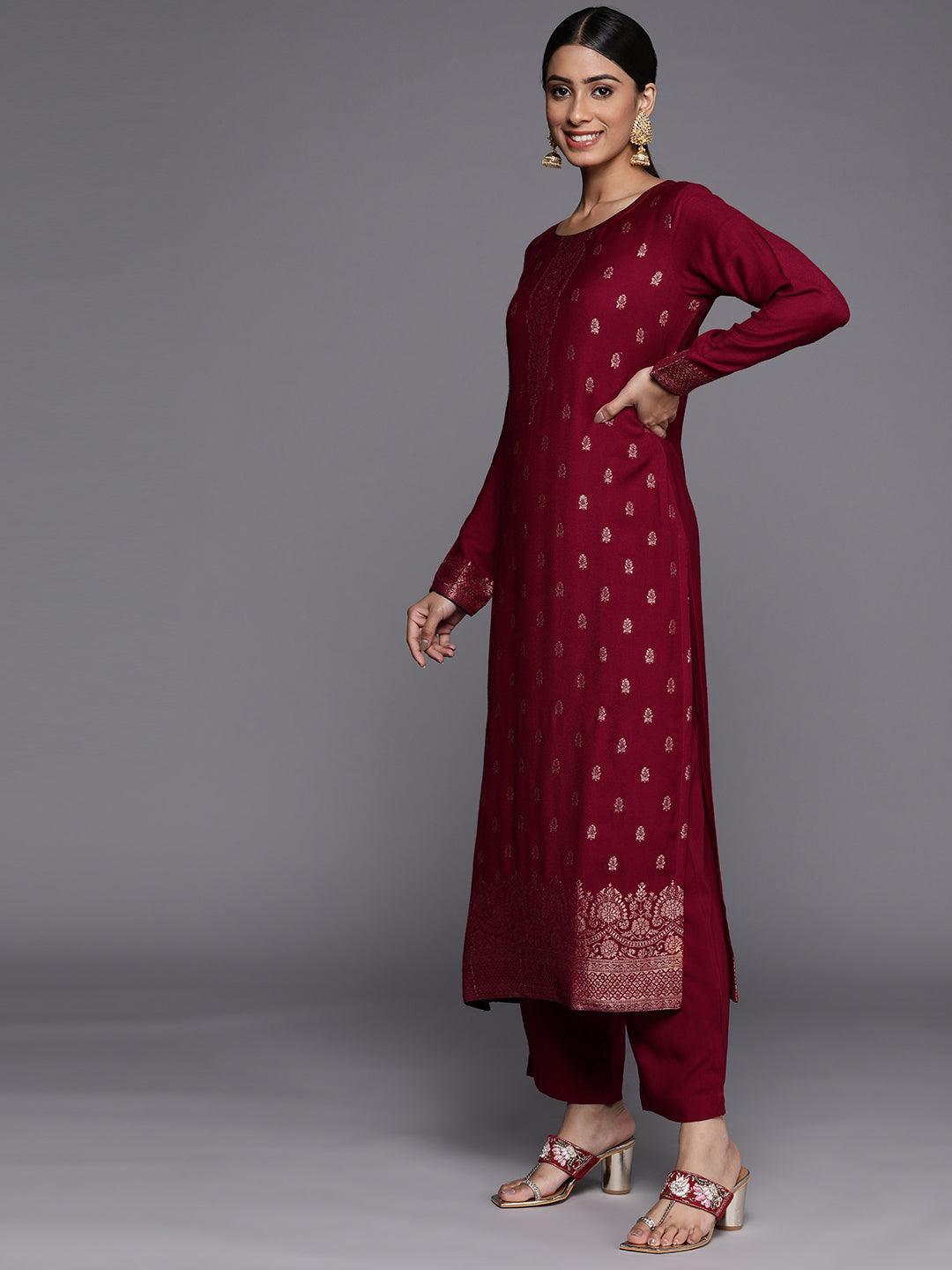 Fuchsia Self Design Pashmina Wool Straight Suit Set