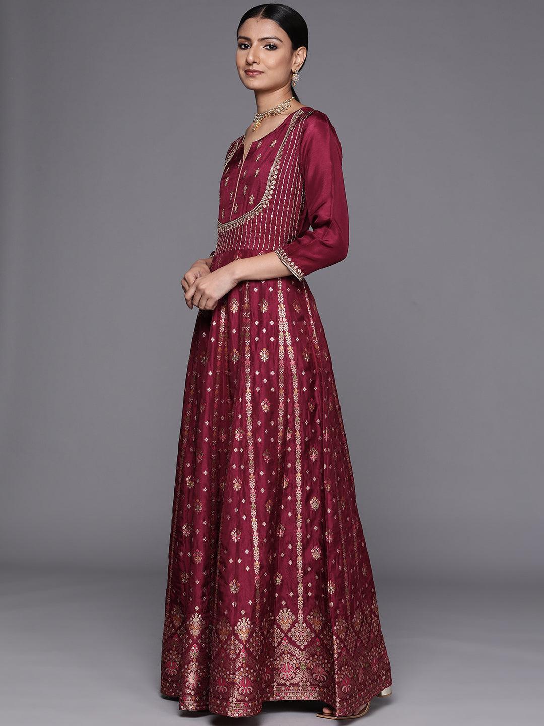 Fuchsia Self Design Silk Anarkali Suit Set