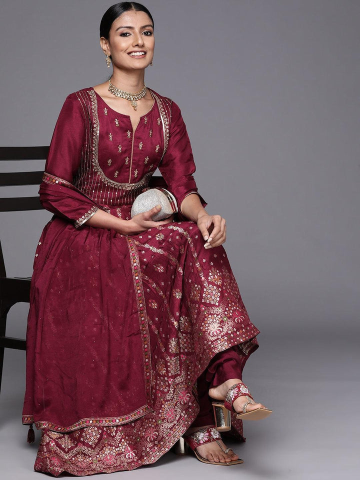 Fuchsia Self Design Silk Anarkali Suit Set - ShopLibas