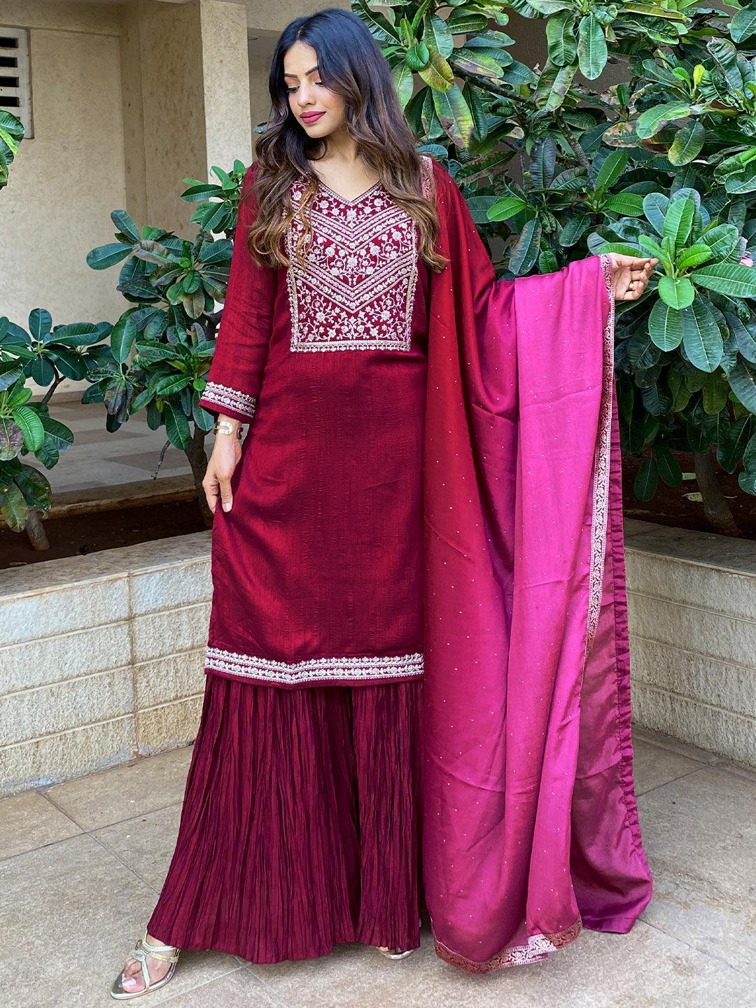 Fuchsia Yoke Design Silk Blend Straight Suit Set