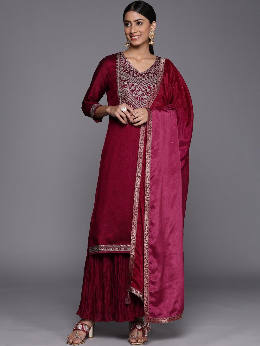 Fuchsia Yoke Design Silk Blend Straight Suit Set