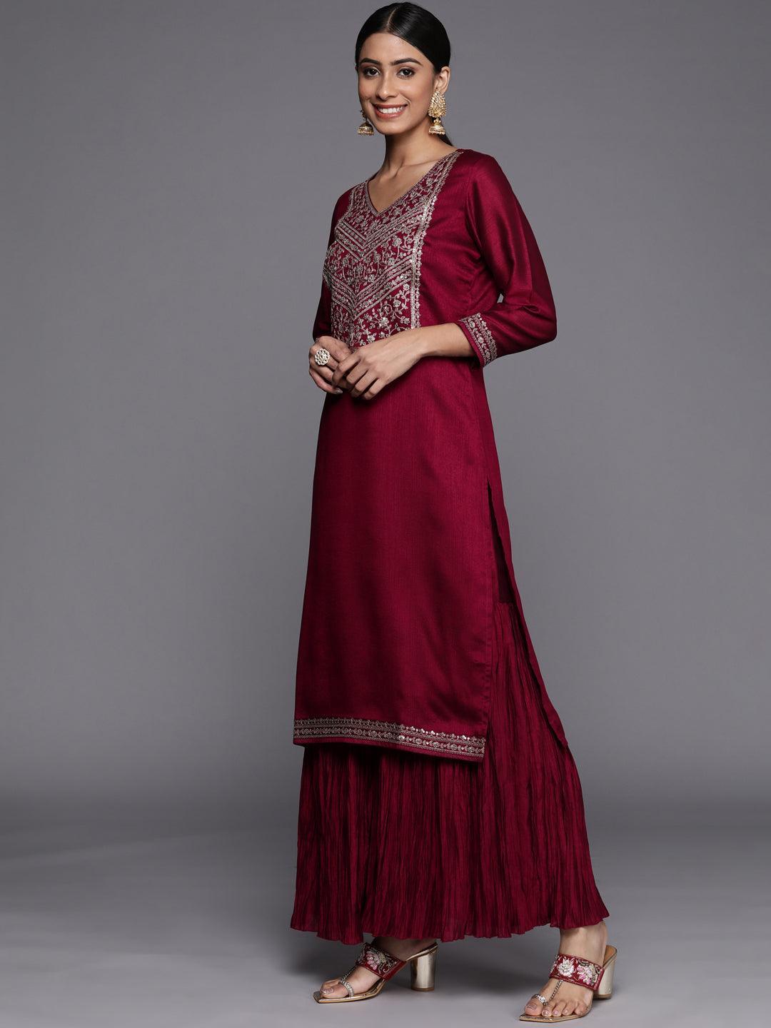 Fuchsia Yoke Design Silk Blend Straight Suit Set