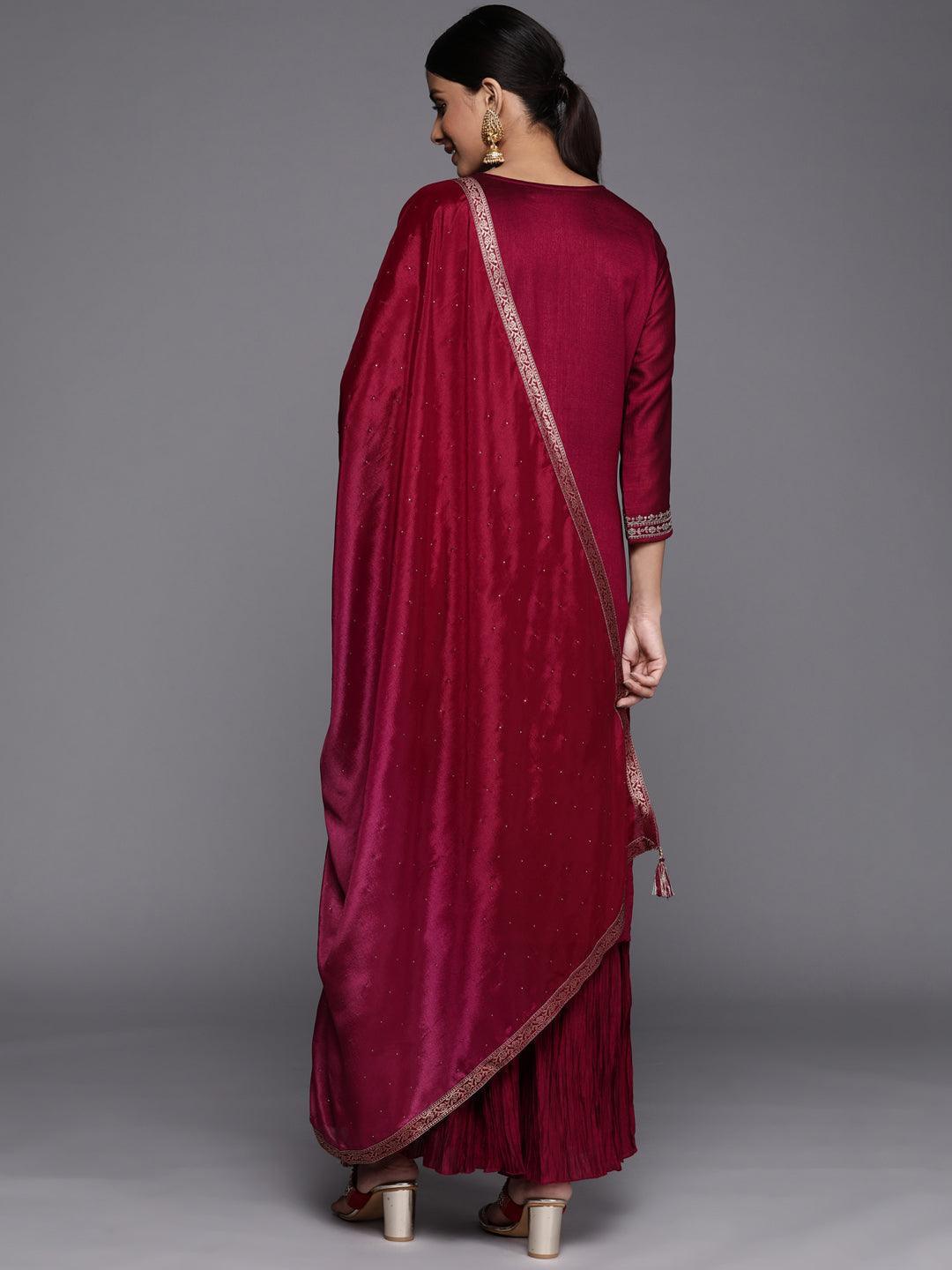 Fuchsia Yoke Design Silk Blend Straight Suit Set