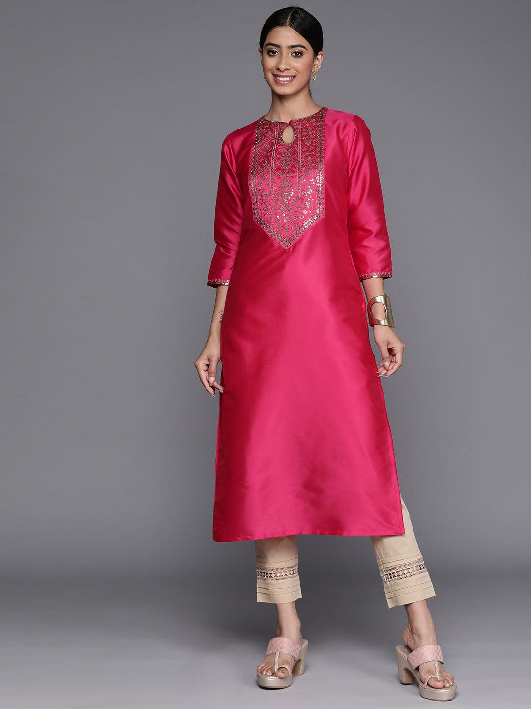 Fuchsia Yoke Design Silk Straight Kurta - Libas