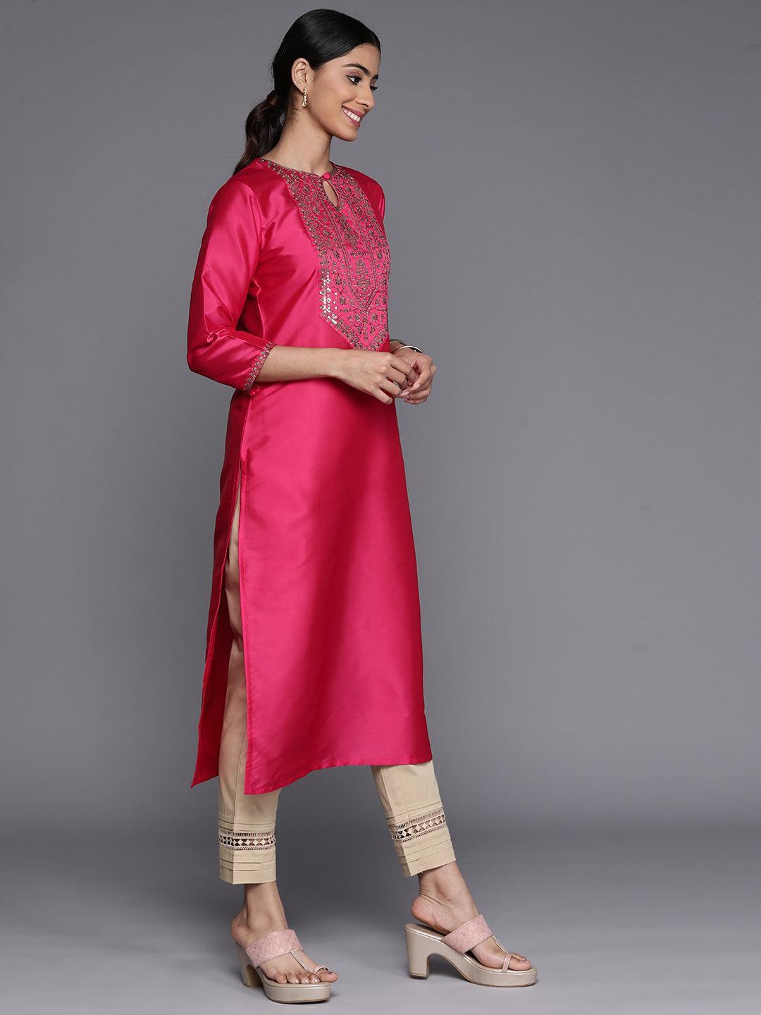 Fuchsia Yoke Design Silk Straight Kurta - Libas