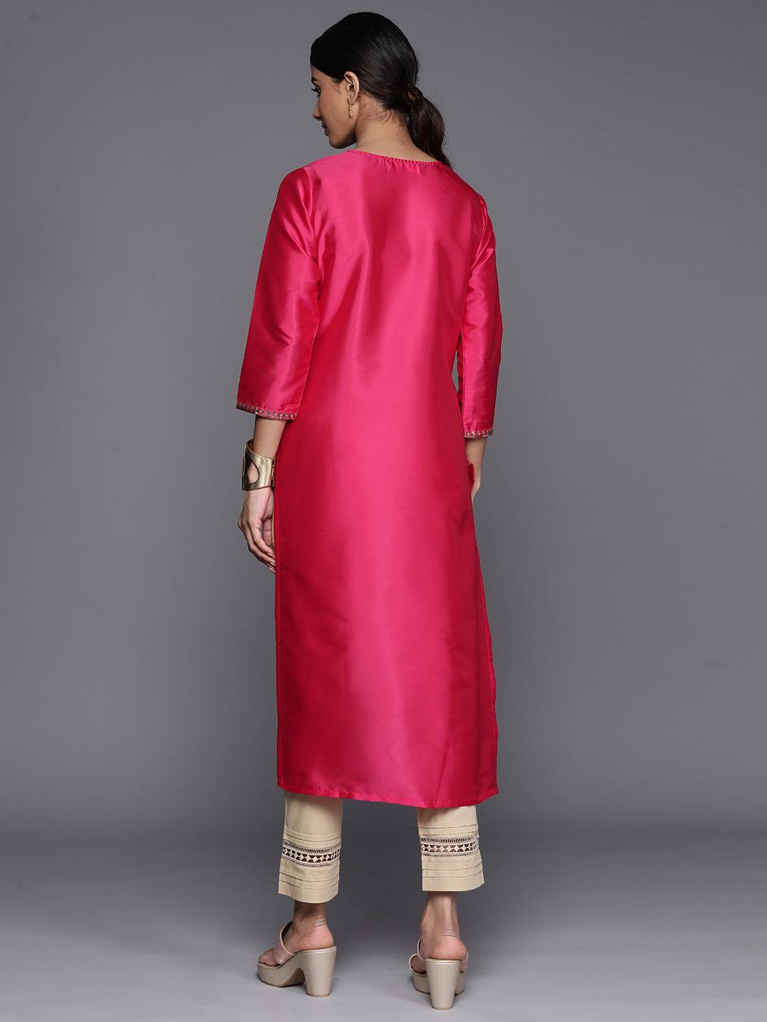 Fuchsia Yoke Design Silk Straight Kurta - Libas