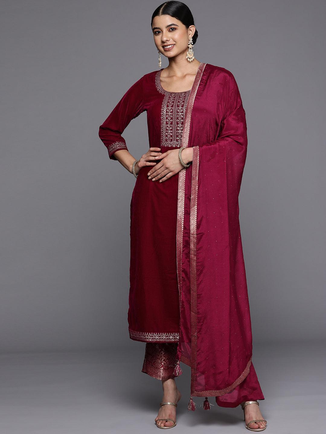 Fuchsia Yoke Design Velvet Straight Suit Set