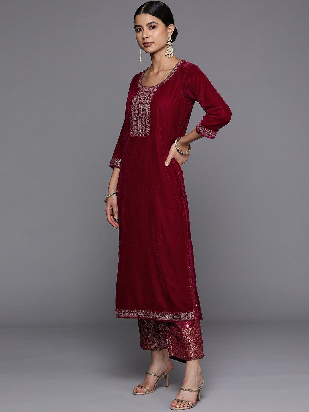 Fuchsia Yoke Design Velvet Straight Suit Set