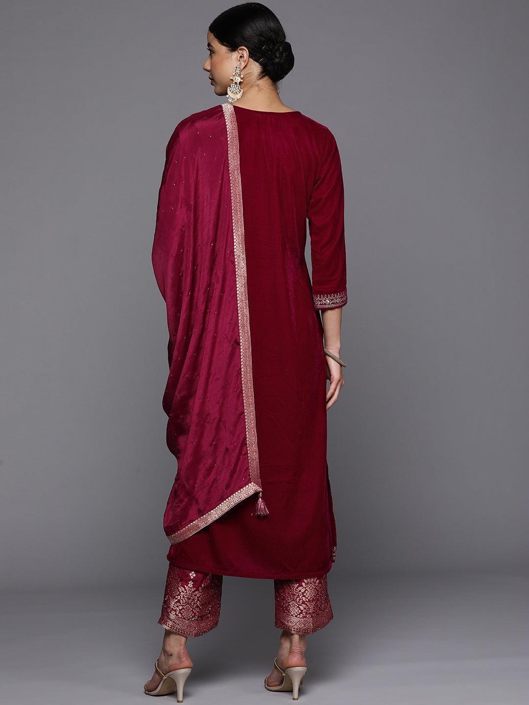 Fuchsia Yoke Design Velvet Straight Suit Set