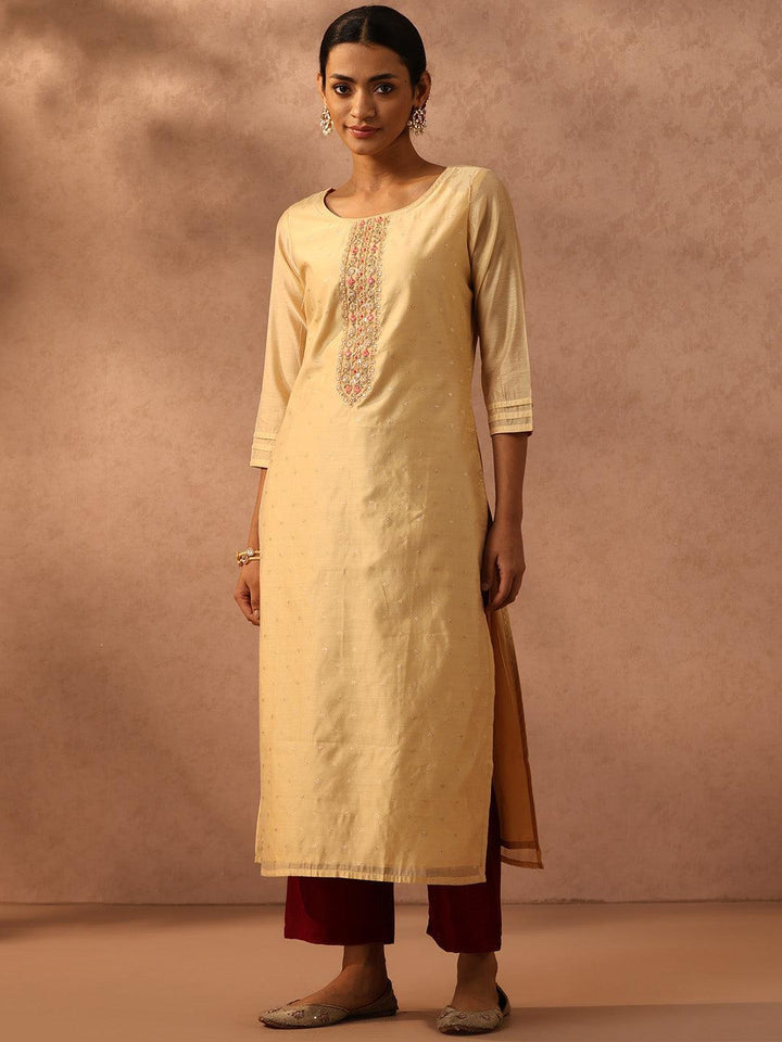 Gold Embroidered Chanderi Silk Straight Kurta - Libas