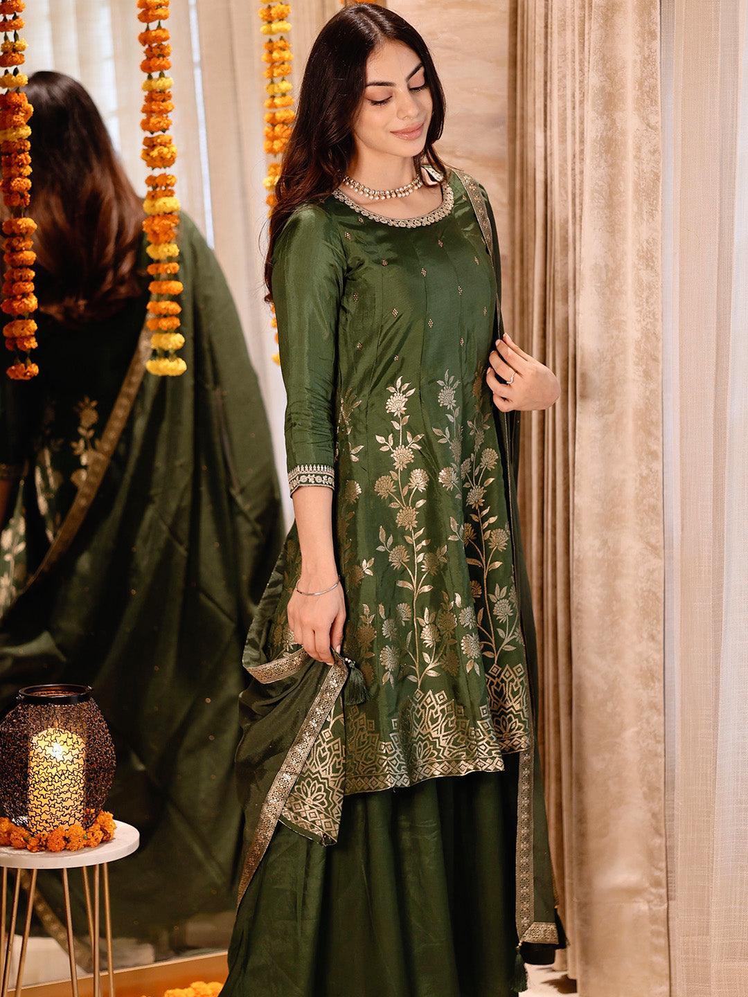 Green Brocade Silk Blend A-Line Suit Set