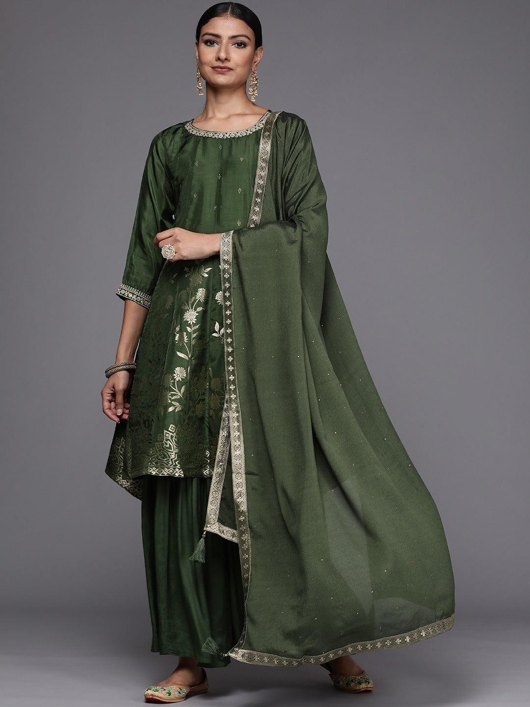 Green Brocade Silk Blend A-Line Suit Set