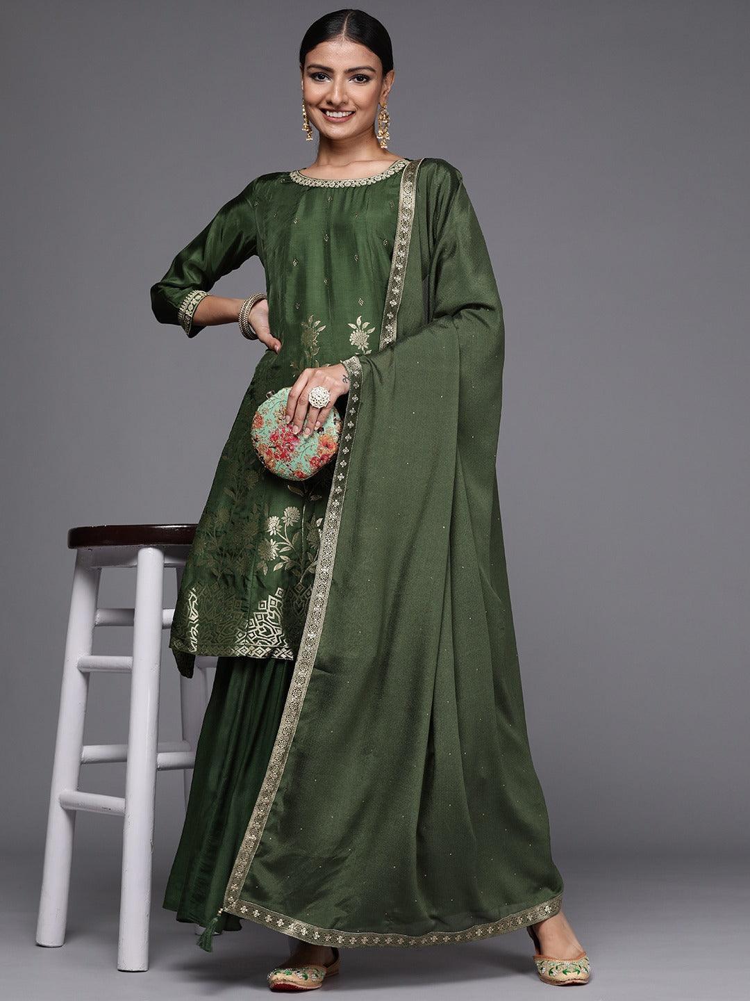 Green Brocade Silk Blend A-Line Suit Set