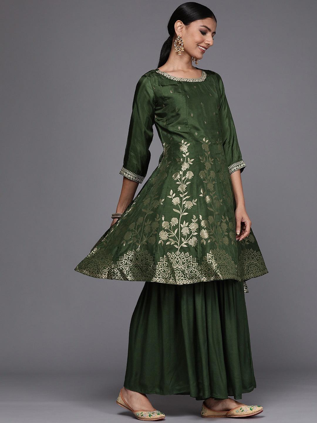 Green Brocade Silk Blend A-Line Suit Set