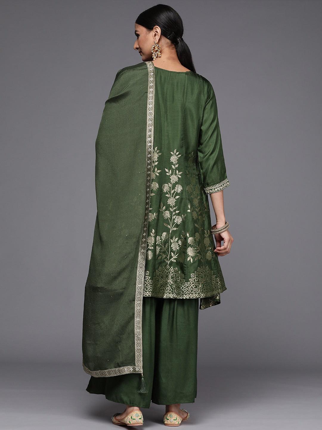 Green Brocade Silk Blend A-Line Suit Set