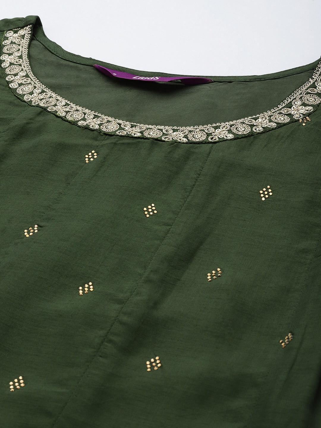 Green Brocade Silk Blend A-Line Suit Set