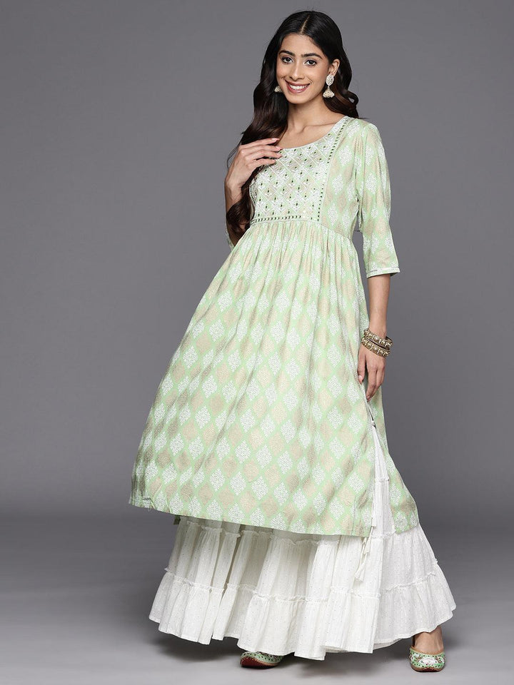 Green Embellished Rayon A-Line Kurta - ShopLibas