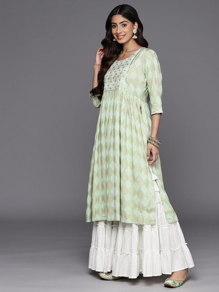 Green Embellished Rayon A-Line Kurta - ShopLibas