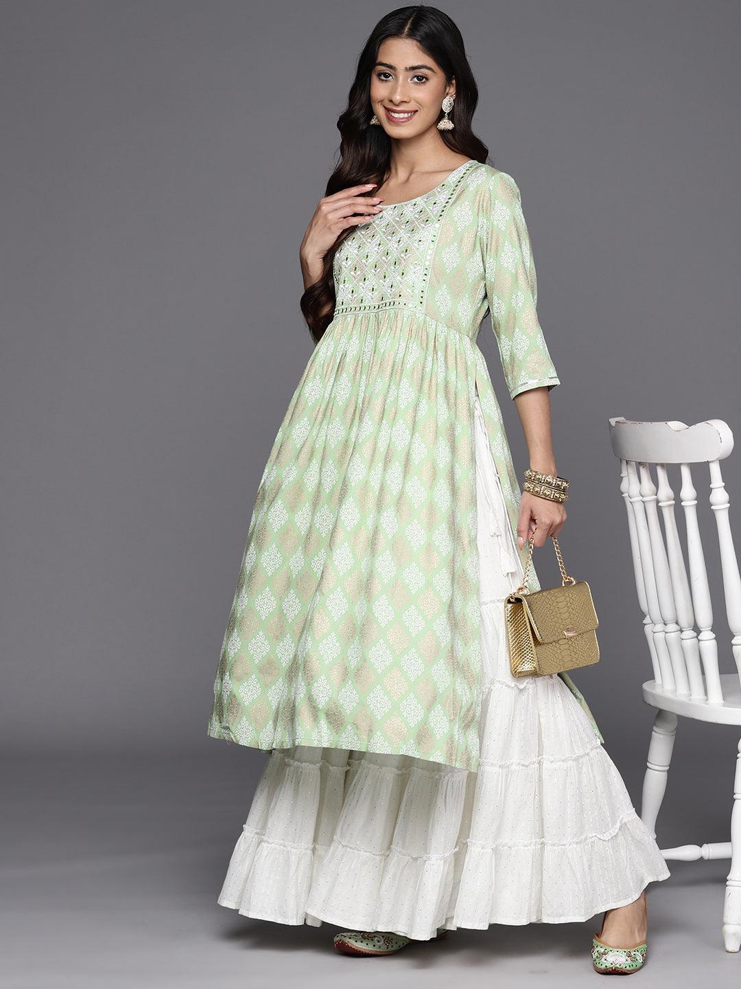 Green Embellished Rayon A-Line Kurta - ShopLibas