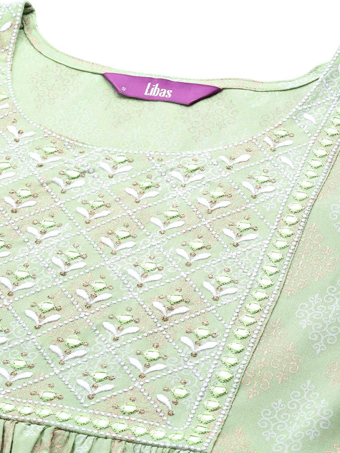 Green Embellished Rayon A-Line Kurta - ShopLibas