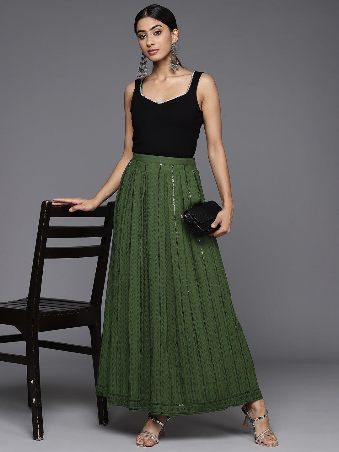 Green Embellished Rayon Skirts - Libas