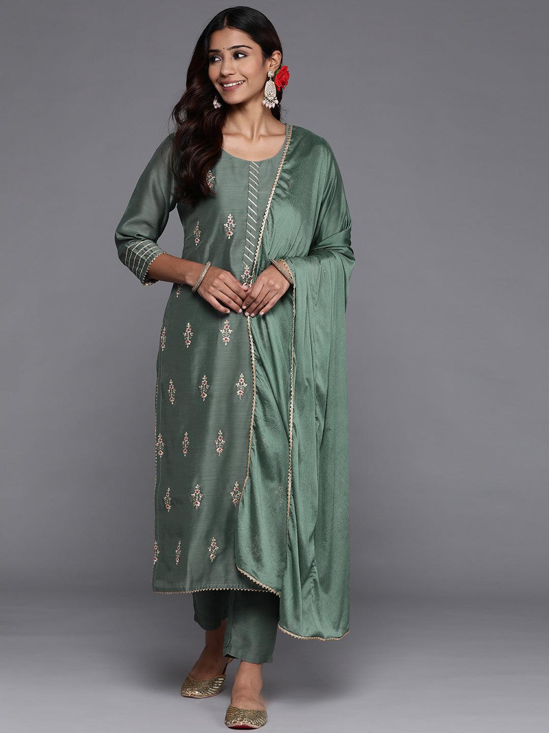 Green Embroidered Chanderi Silk Straight Suit Set