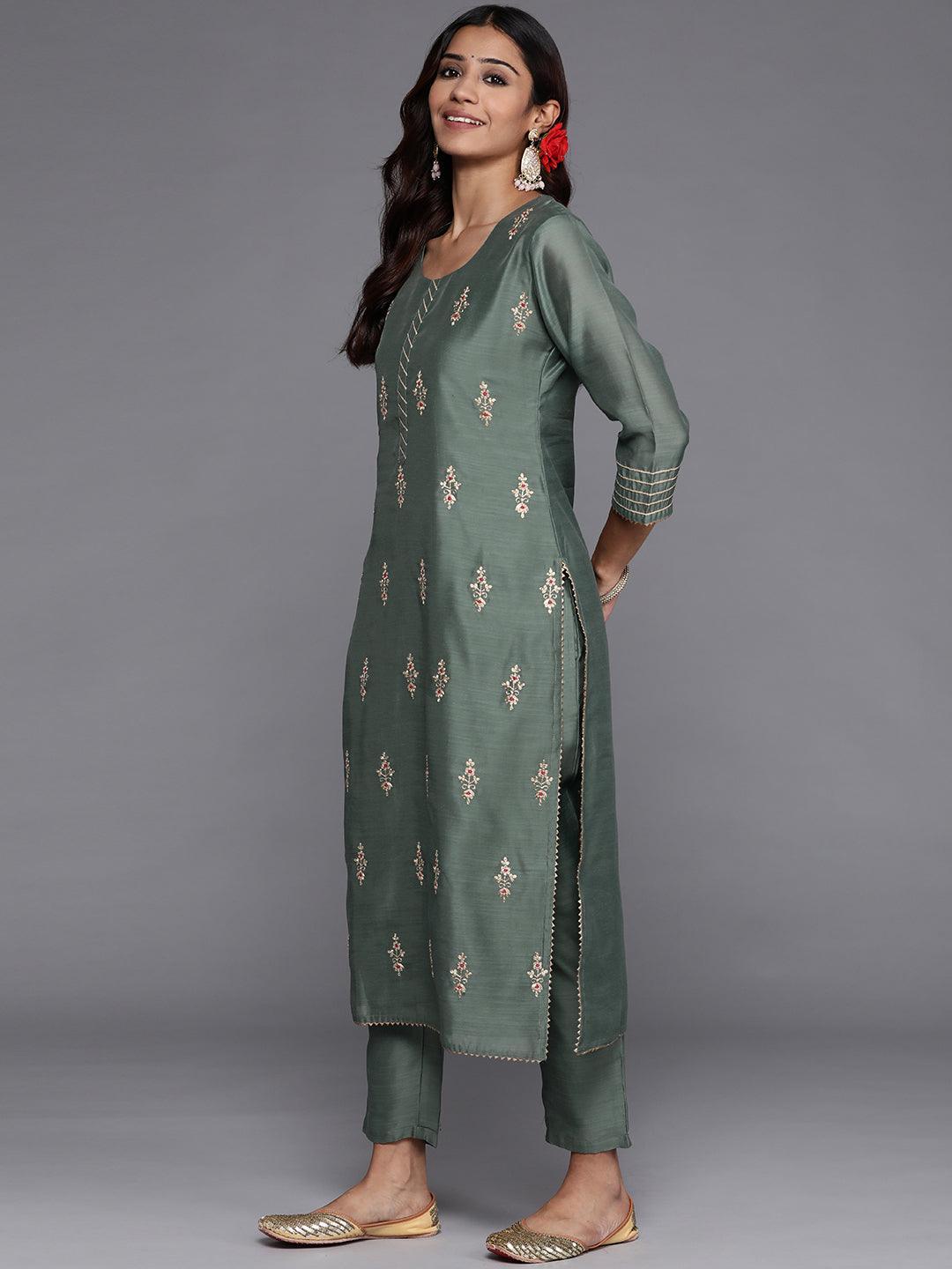 Green Embroidered Chanderi Silk Straight Suit Set