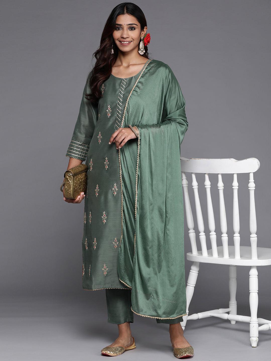 Green Embroidered Chanderi Silk Straight Suit Set