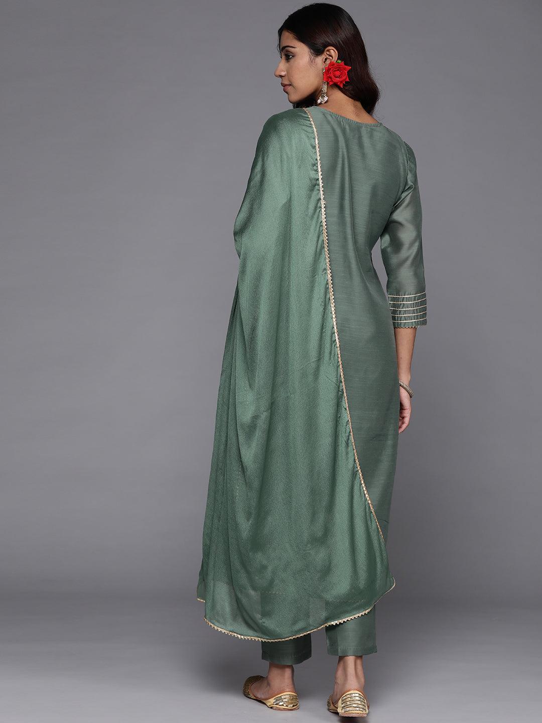 Green Embroidered Chanderi Silk Straight Suit Set