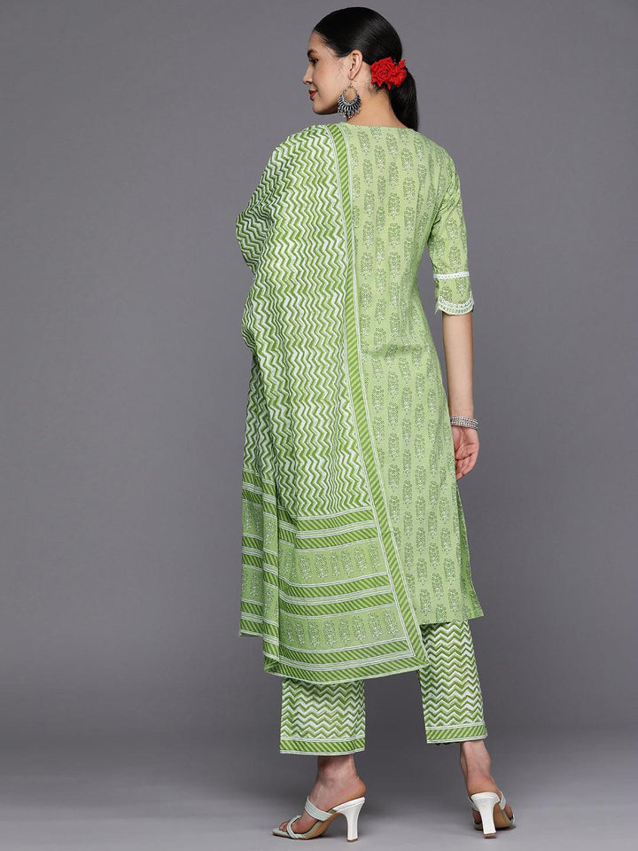 Green Embroidered Cotton Straight Suit Set With Trousers - ShopLibas