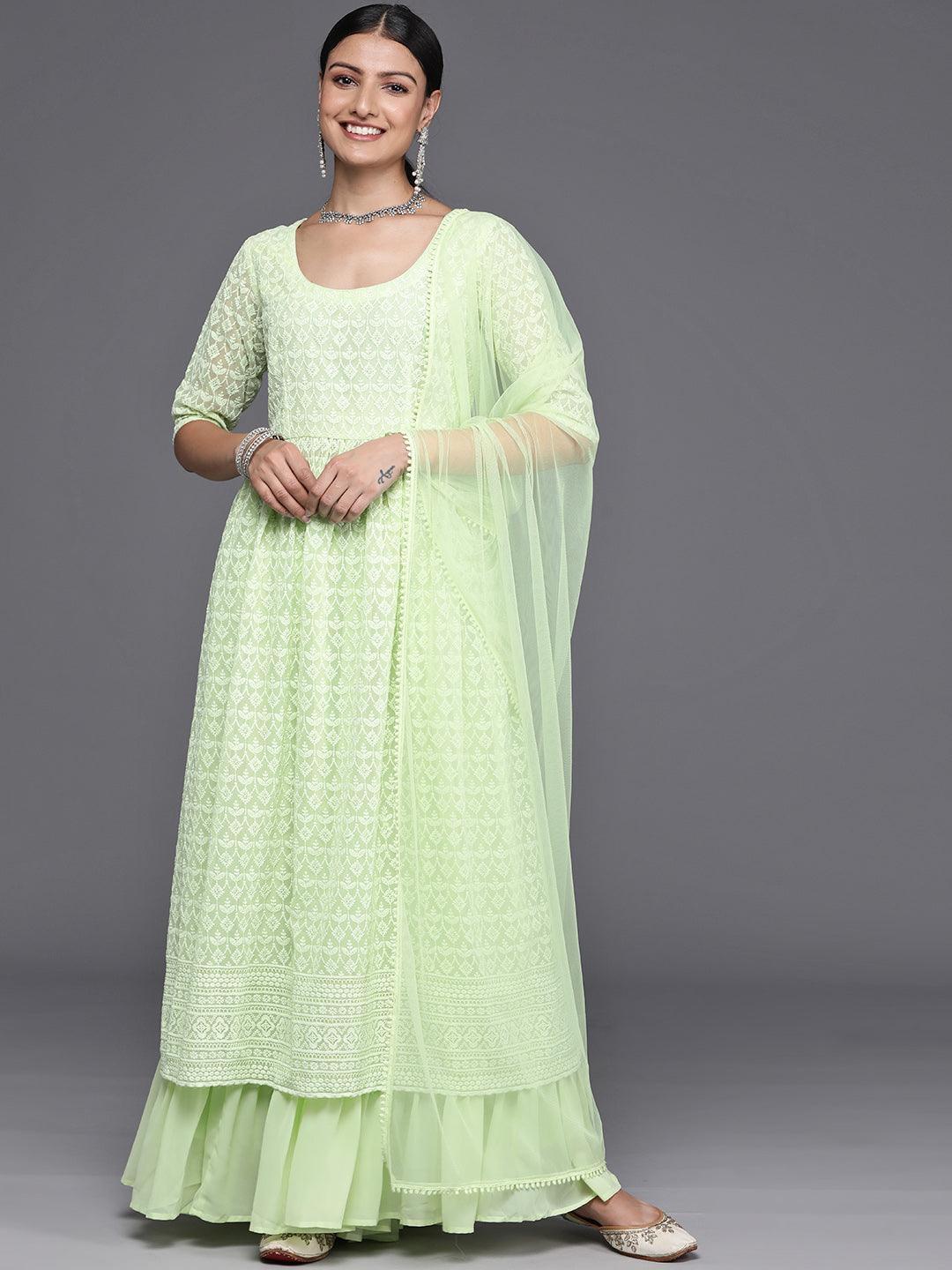 Green Embroidered Georgette A-Line Kurta With Palazzos & Dupatta