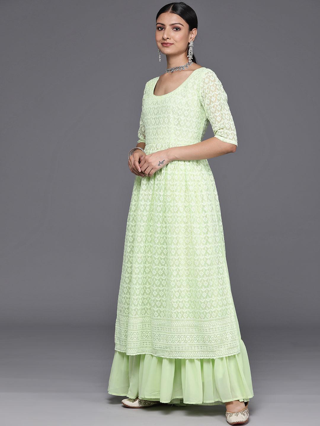 Green Embroidered Georgette A-Line Kurta With Palazzos & Dupatta