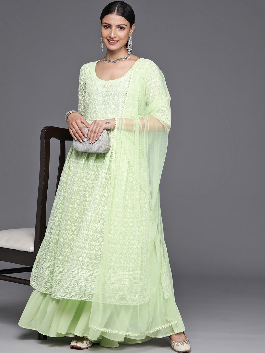 Green Embroidered Georgette A-Line Kurta With Palazzos & Dupatta