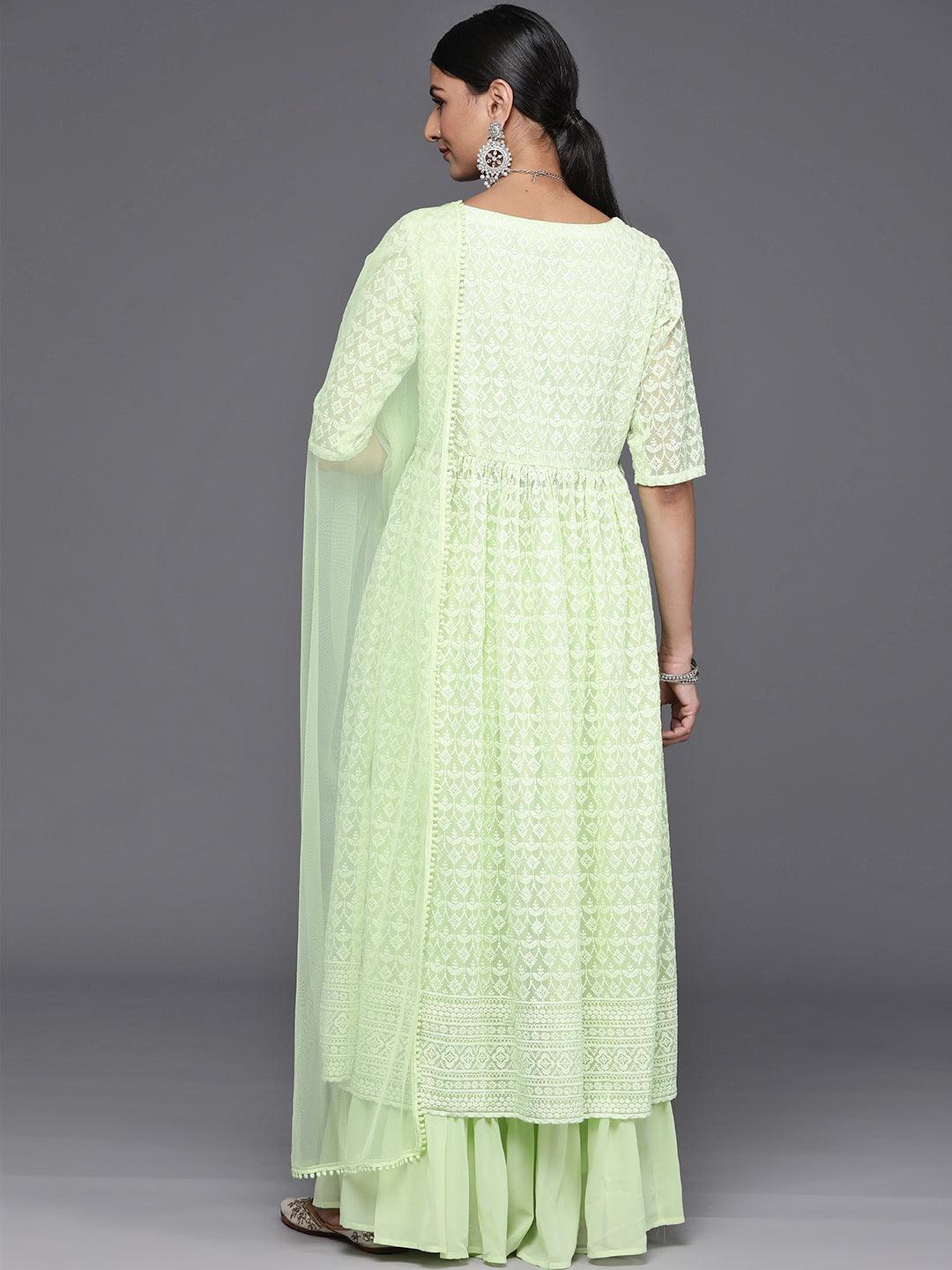 Green Embroidered Georgette A-Line Kurta With Palazzos & Dupatta