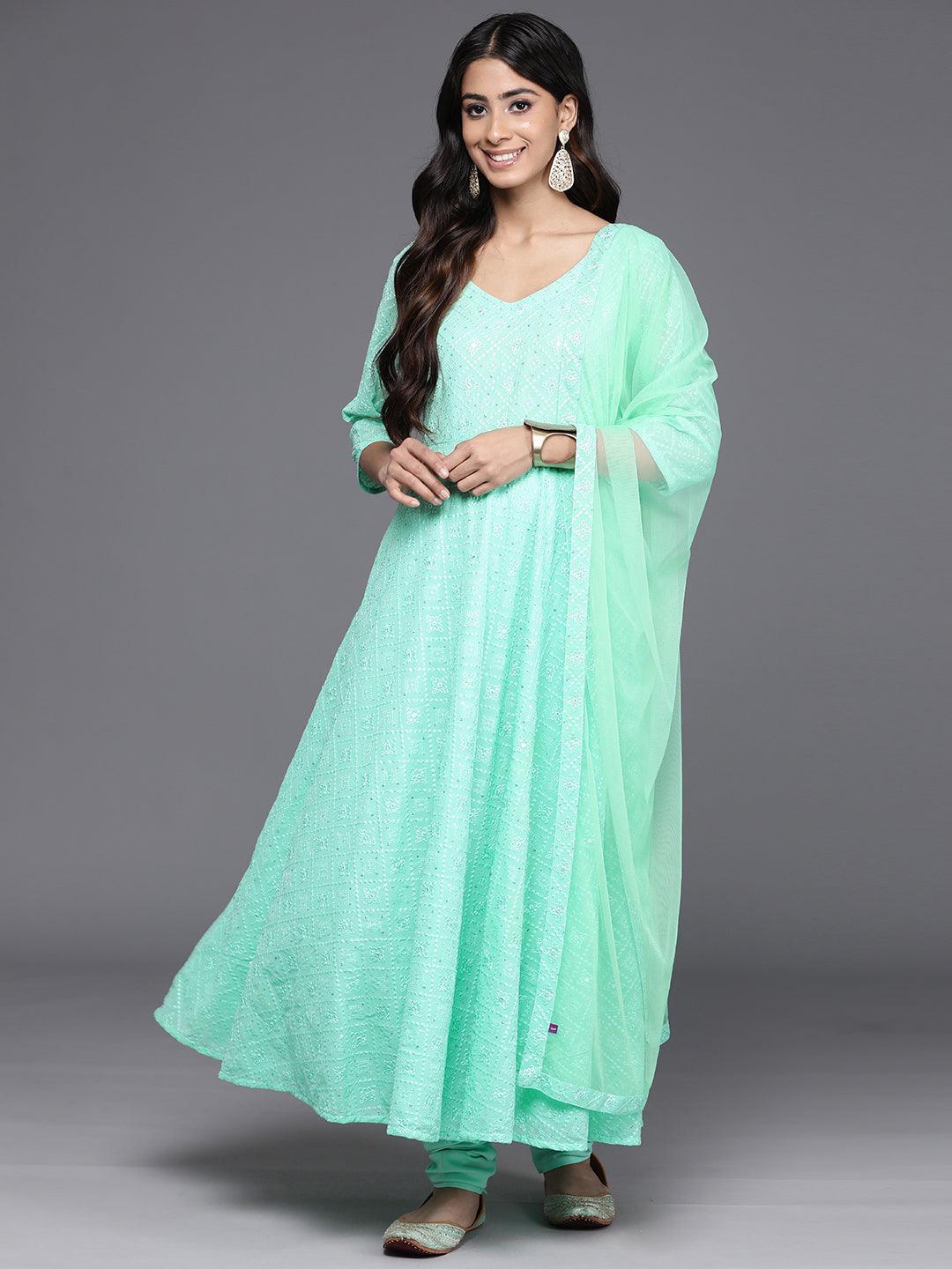 Green Embroidered Georgette Anarkali Kurta With Churidar & Dupatta - Libas