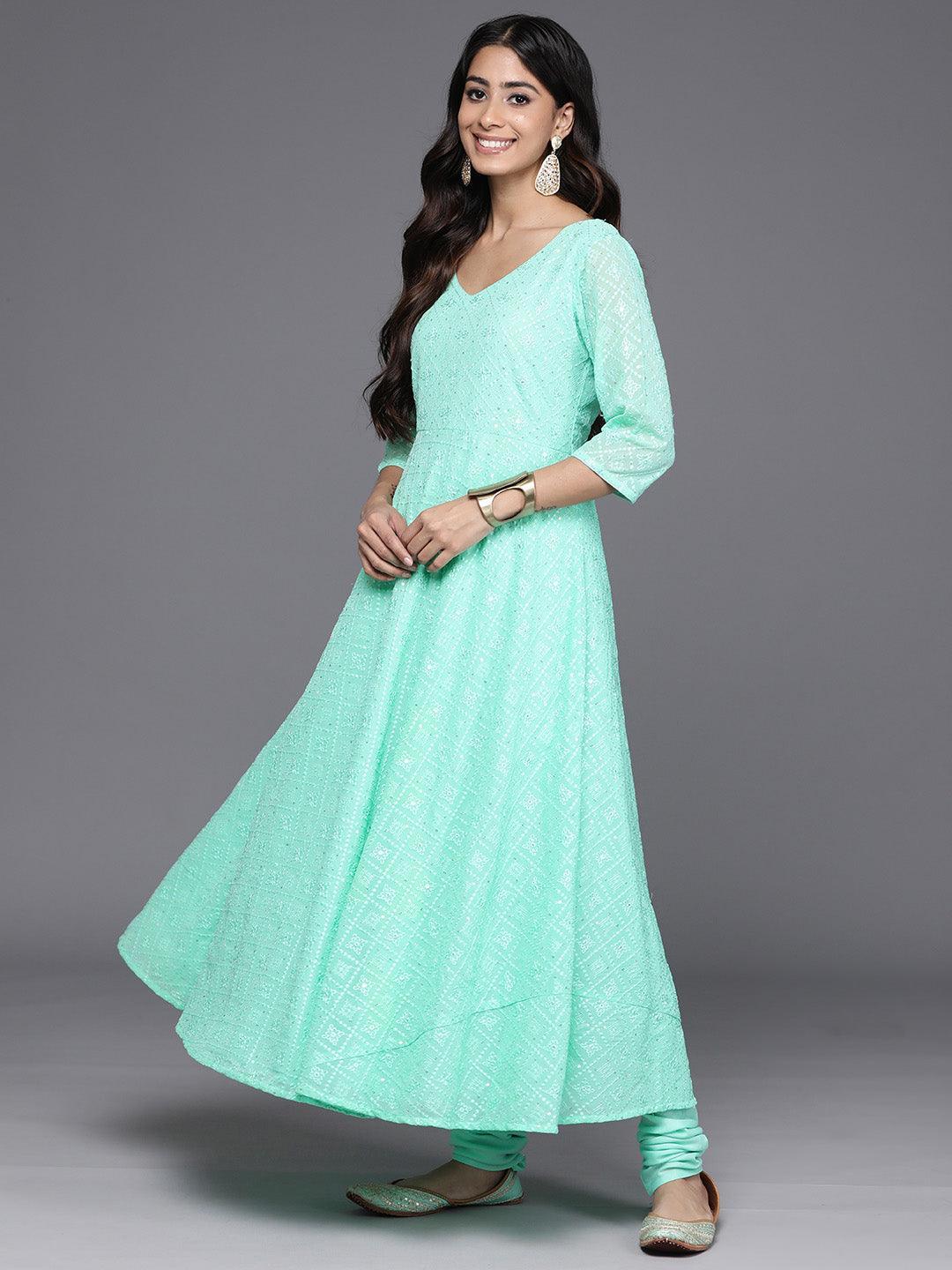 Green Embroidered Georgette Anarkali Kurta With Churidar & Dupatta