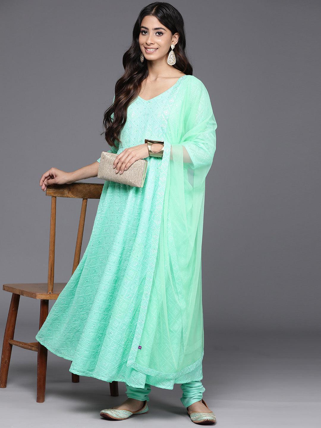 Green Embroidered Georgette Anarkali Kurta With Churidar & Dupatta