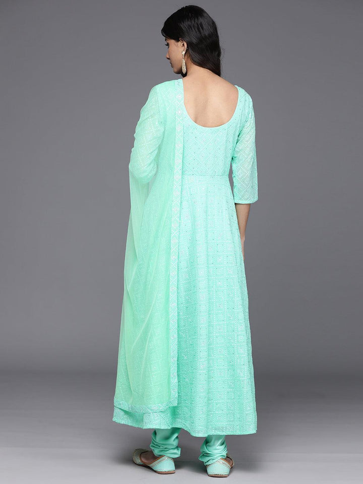 Green Embroidered Georgette Anarkali Kurta With Churidar & Dupatta - Libas