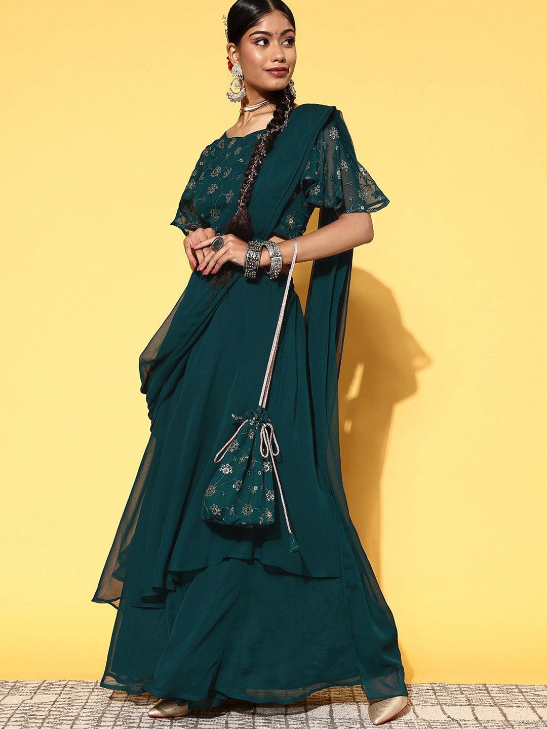 Green Embroidered Georgette Lehenga Set