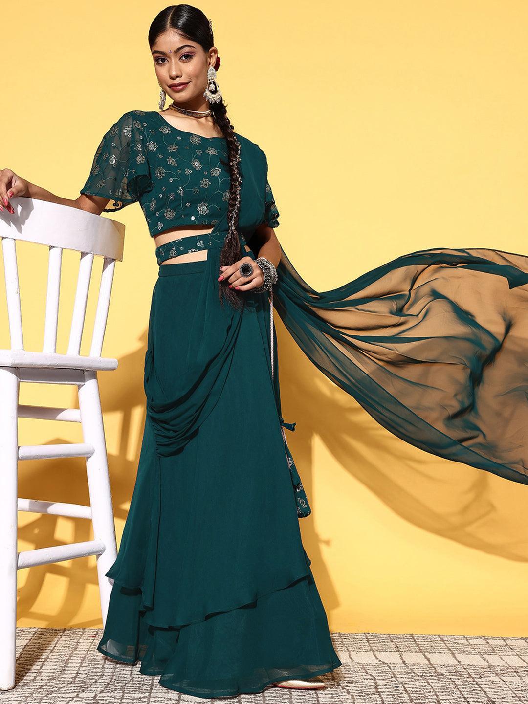 Green Embroidered Georgette Lehenga Set