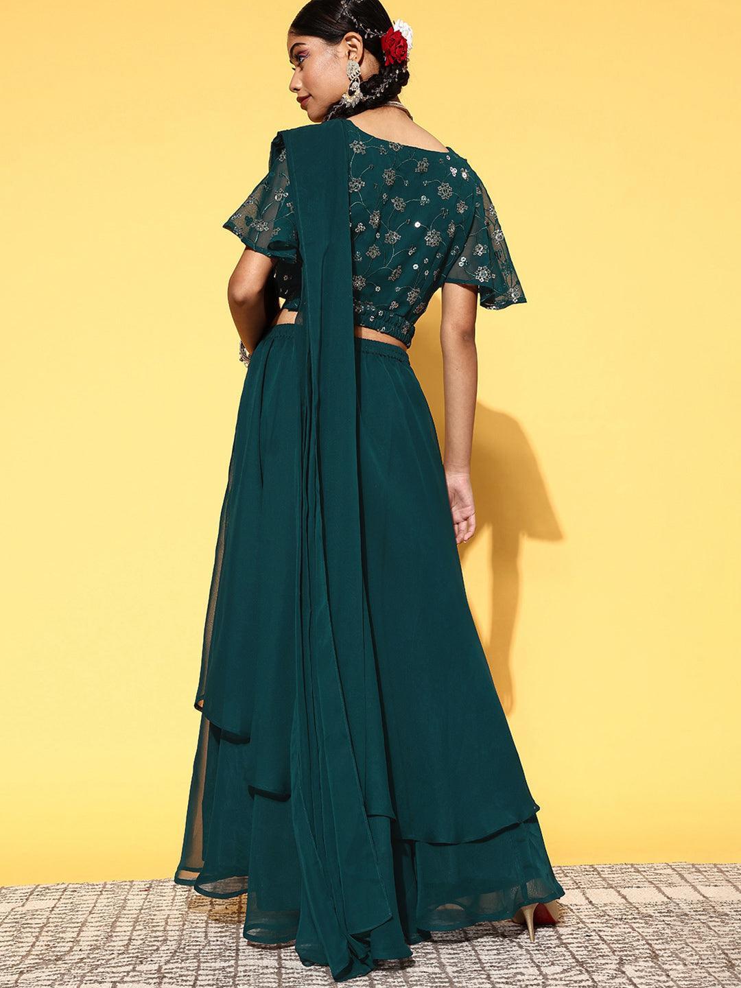 Green Embroidered Georgette Lehenga Set