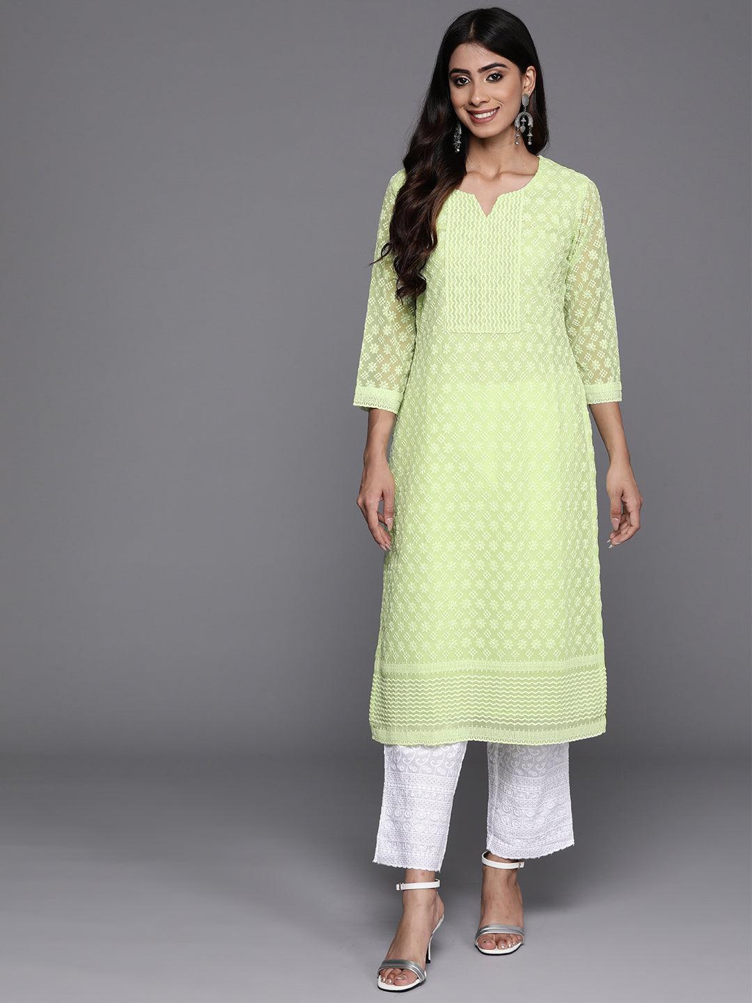 Green Embroidered Georgette Straight Kurta