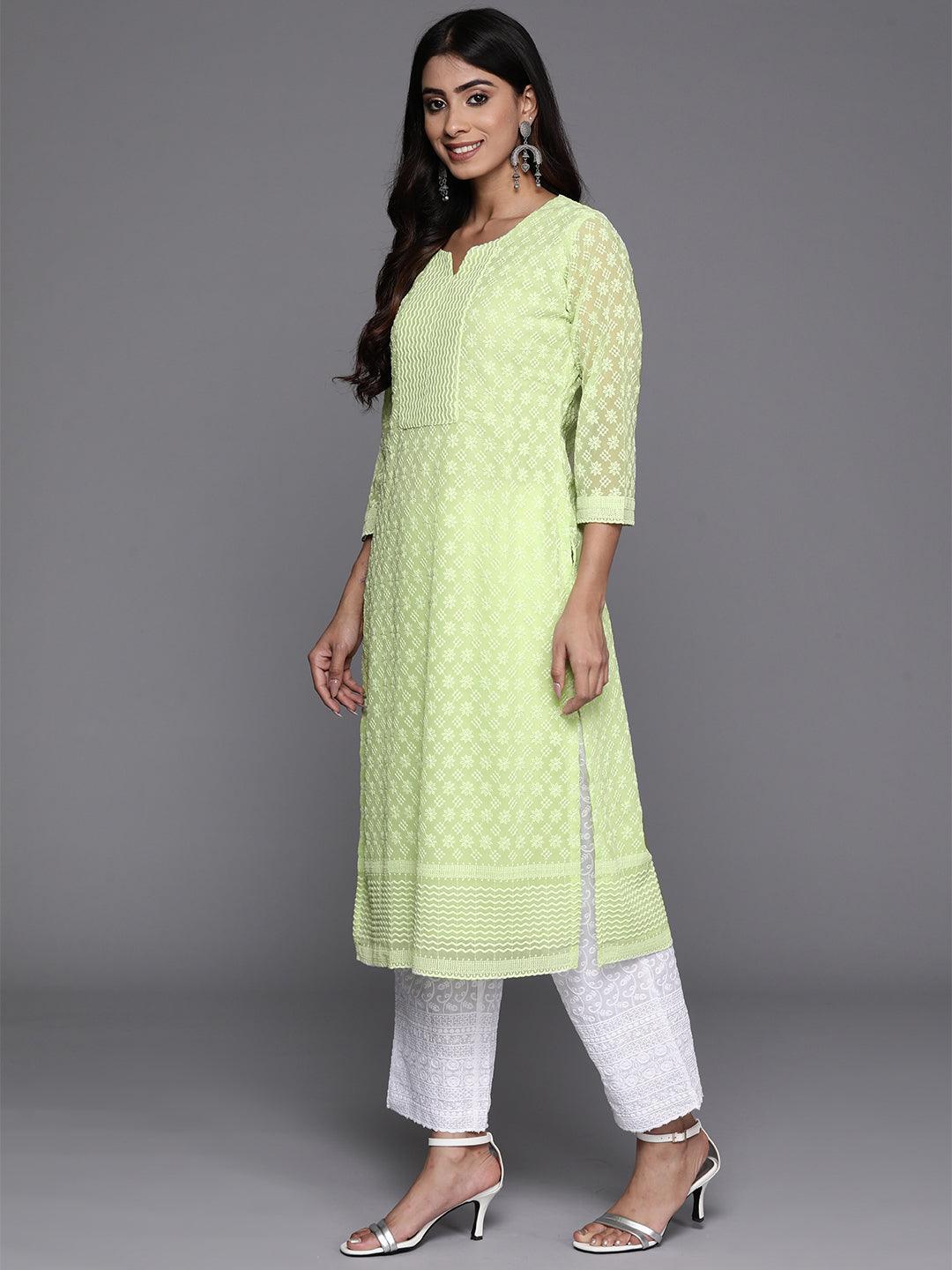 Green Embroidered Georgette Straight Kurta