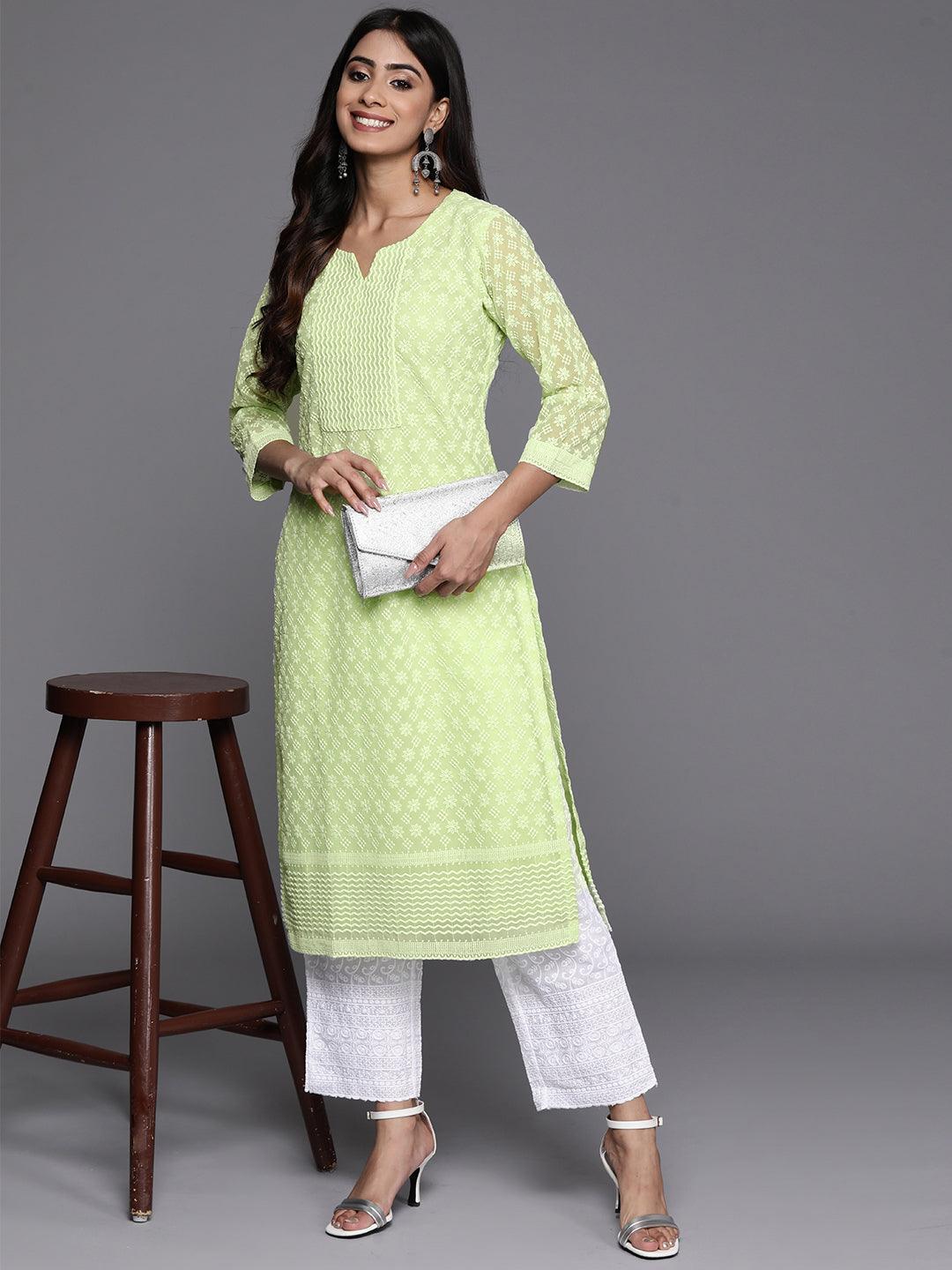 Green Embroidered Georgette Straight Kurta